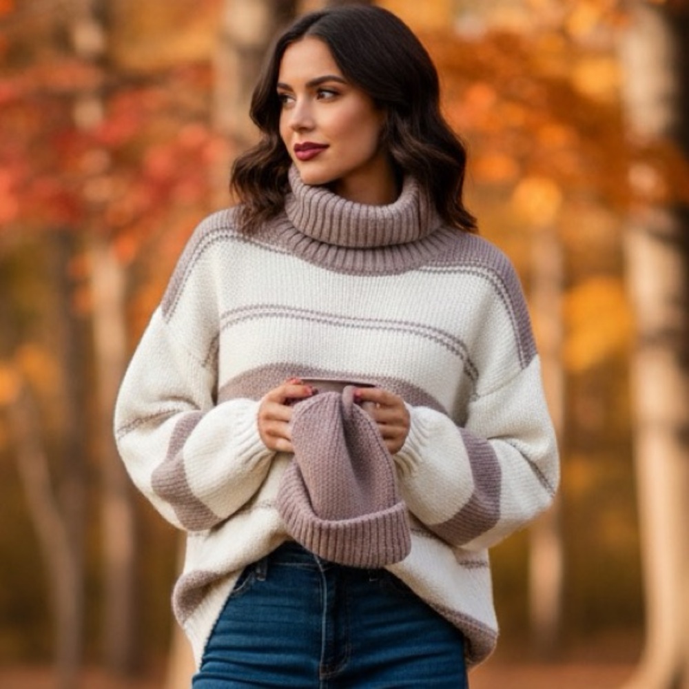 Cozy Women's Turtleneck Sweater in Cream and Tan